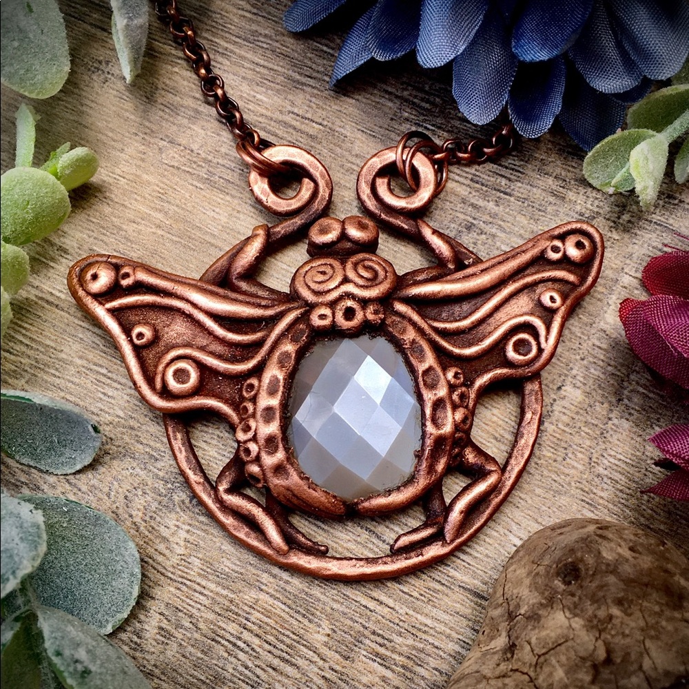 Butterfly copper moonstone pendant necklace